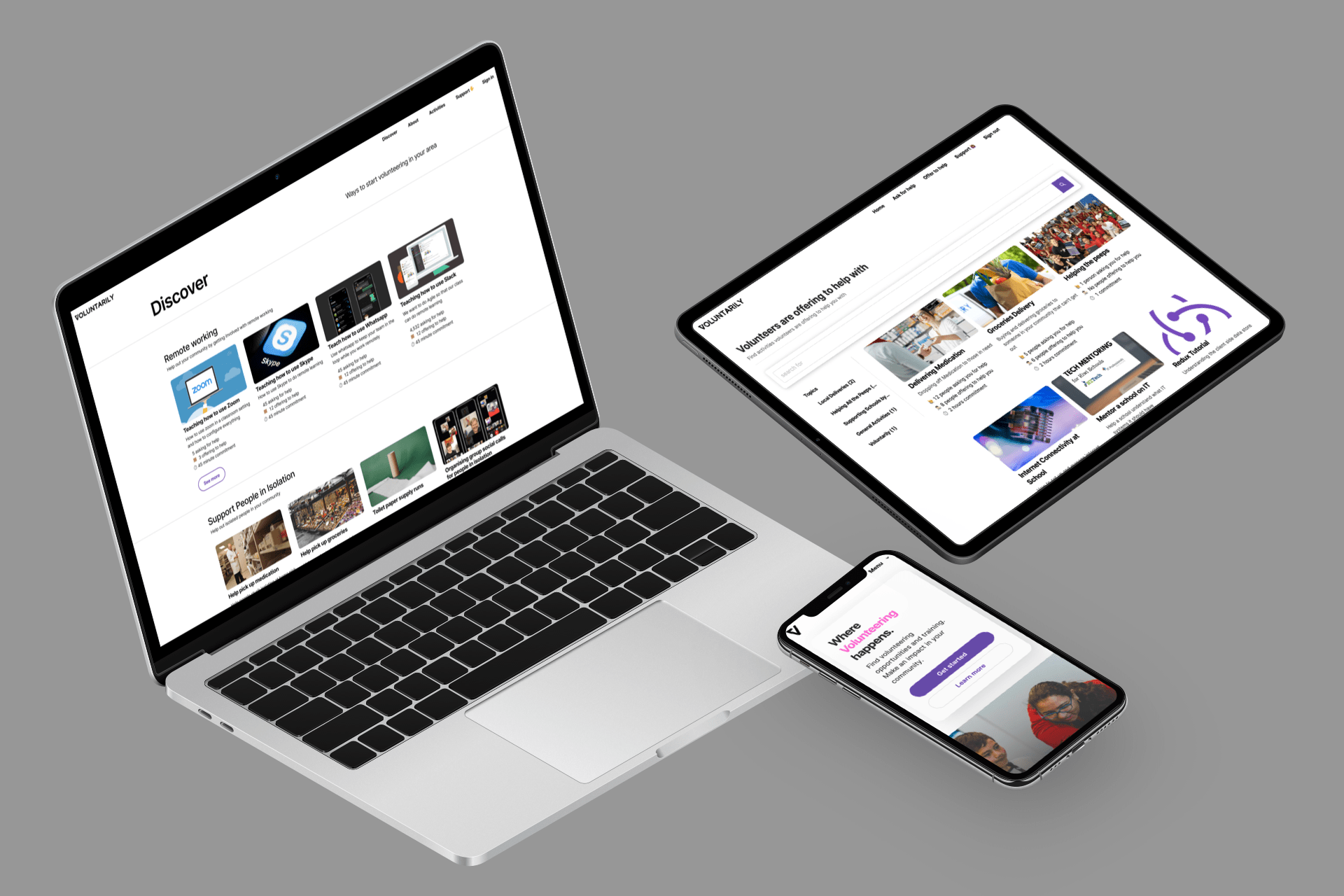 The Voluntarily website on Desktop, Mobile, and Tablet