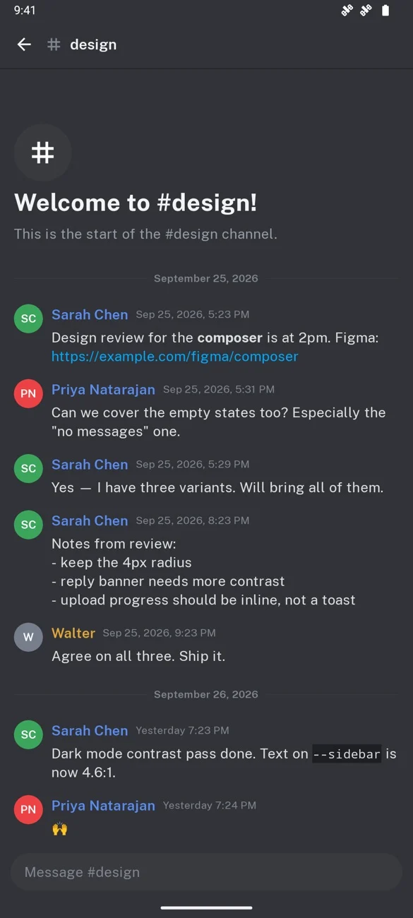 The Android app showing the #design channel, where people are reviewing a design.