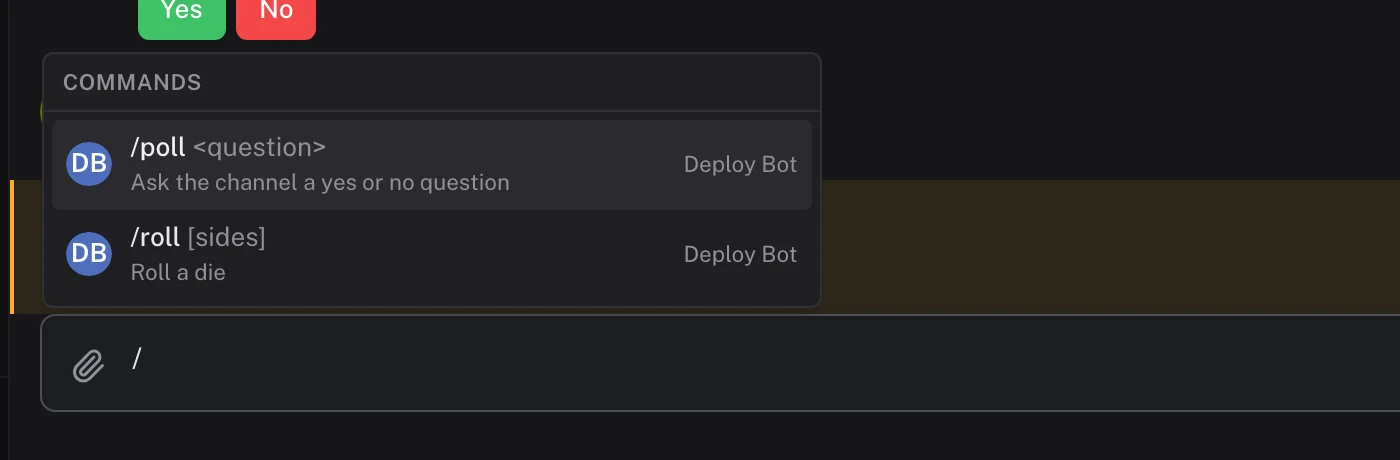 The composer's command list after typing a slash: /poll with the hint question and /roll with the hint sides, both from Deploy Bot.