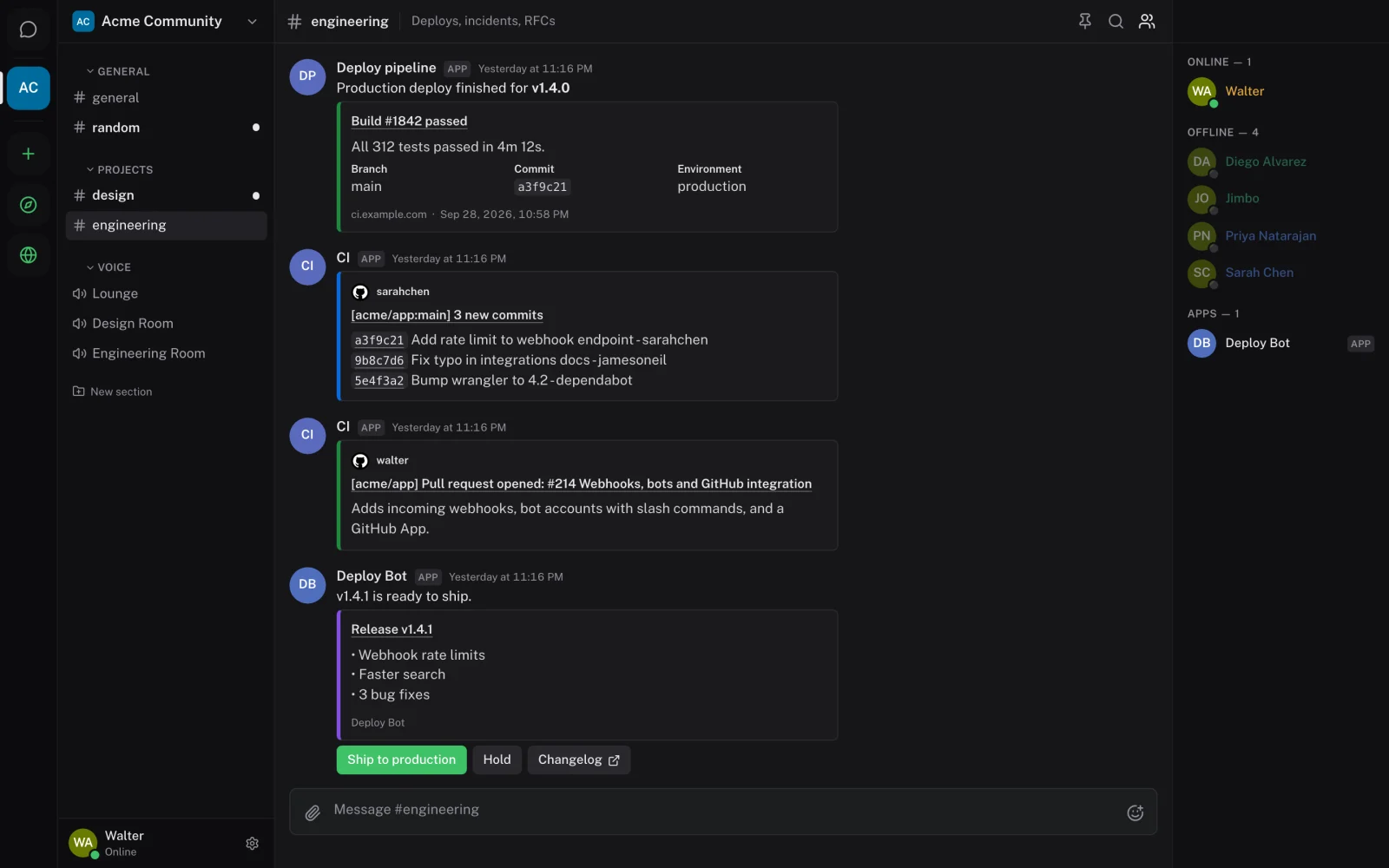 The #engineering channel with a deploy card from a webhook, a GitHub push and pull request posted as cards, and an app's release card with Ship, Hold and Changelog buttons.