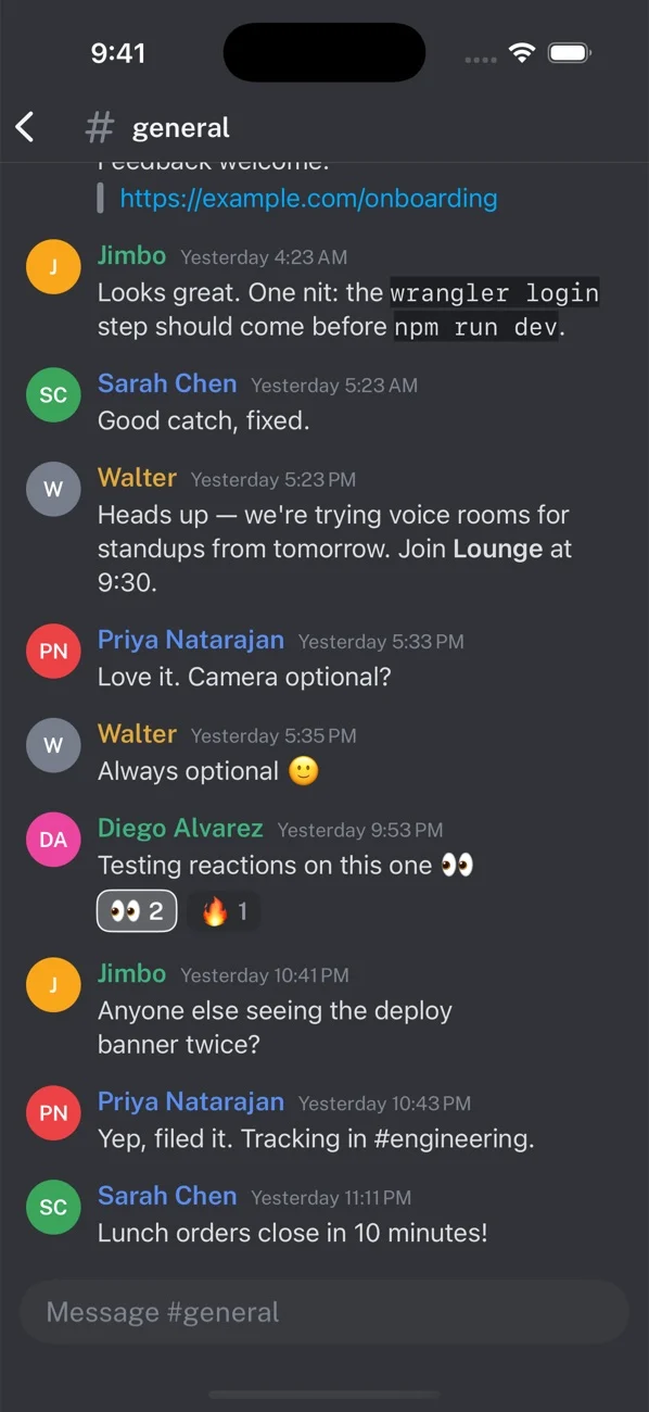 The iOS app showing #general with messages, reactions and the composer.
