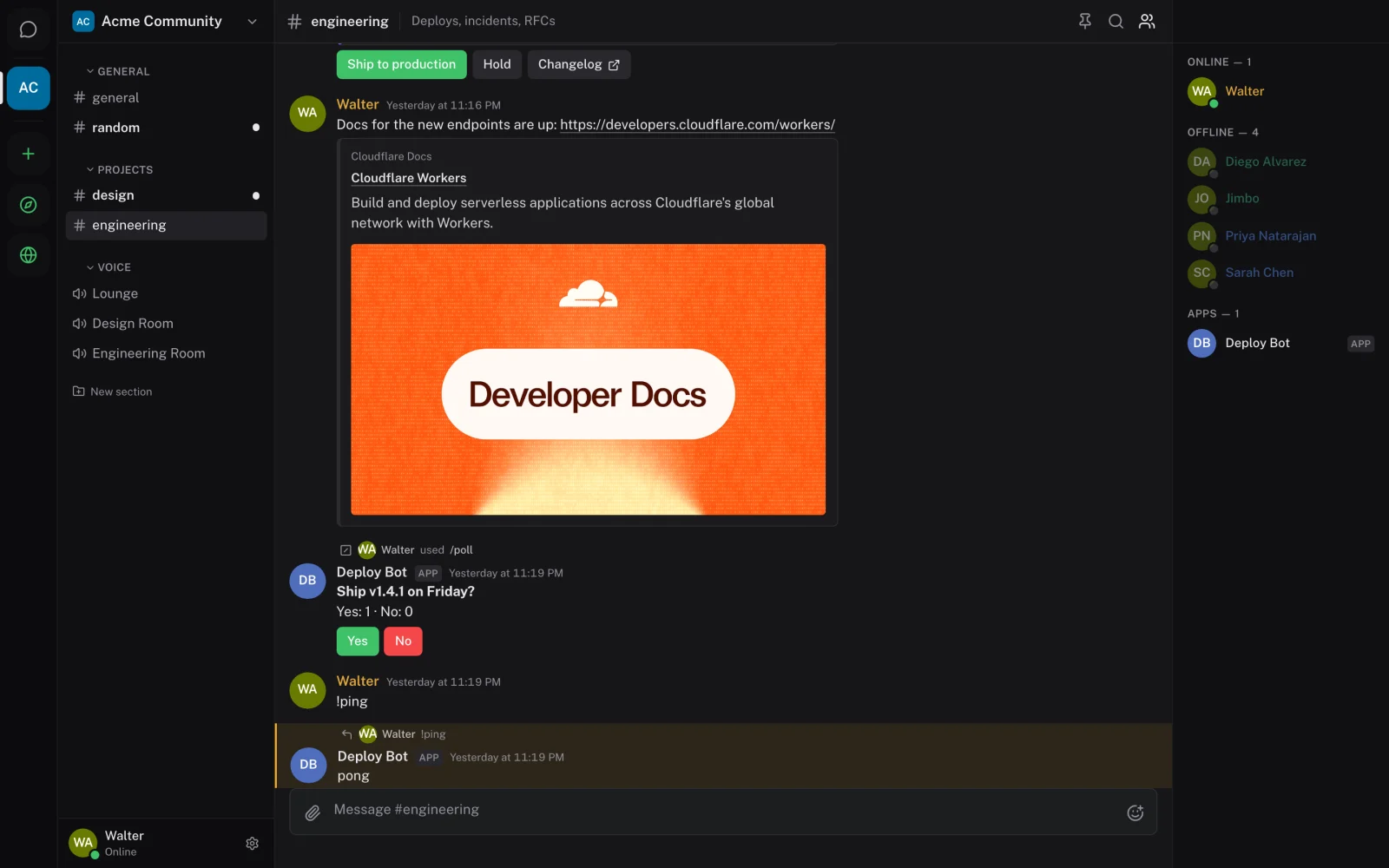 A poll posted by Deploy Bot after Walter used /poll, with Yes and No buttons and a running tally, followed by a !ping message answered with pong.