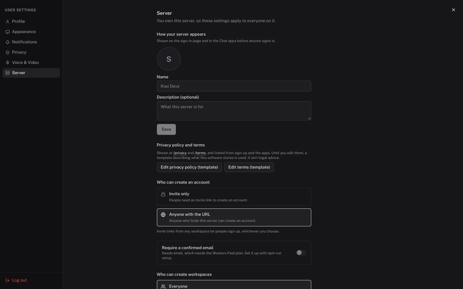 Server settings with the server's name and icon, privacy policy and terms, and a choice between invite-only and open sign-up.