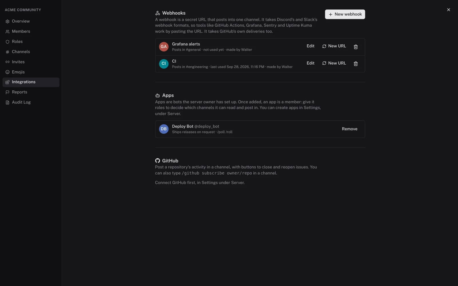 Workspace settings for integrations: two webhooks with their channels, the Deploy Bot app, and the GitHub section.