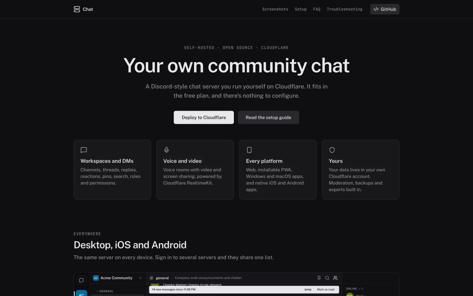 Chat's project website with the headline Your own community chat, a Deploy to Cloudflare button and a setup guide.