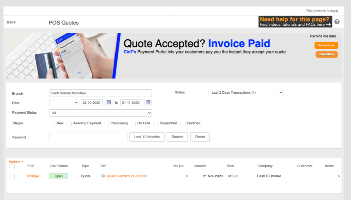 Cin7 point of sale webapp screenshot from 2020