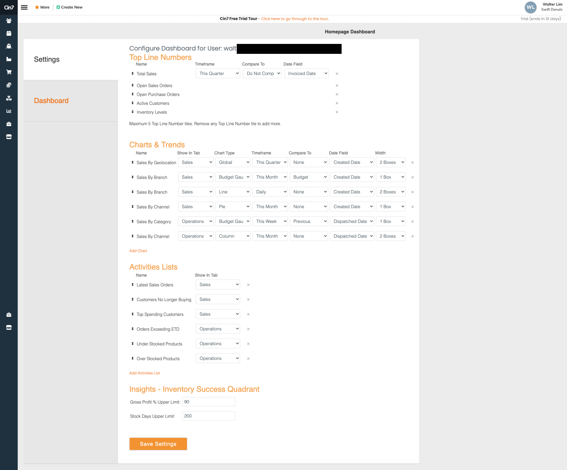 Cin7 settings screenshot showing dense configuration UI