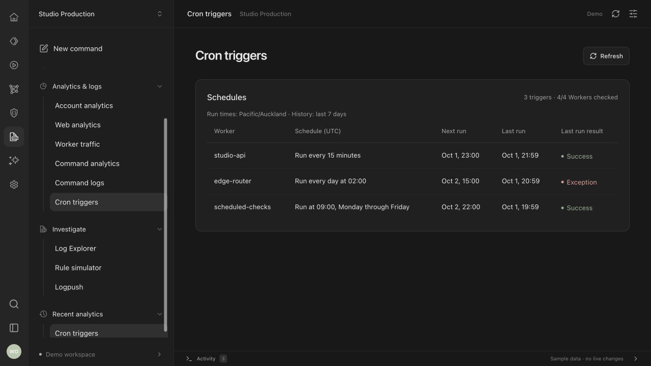 FlareOps cron triggers with plain English schedules, next and last run times, and success or exception results