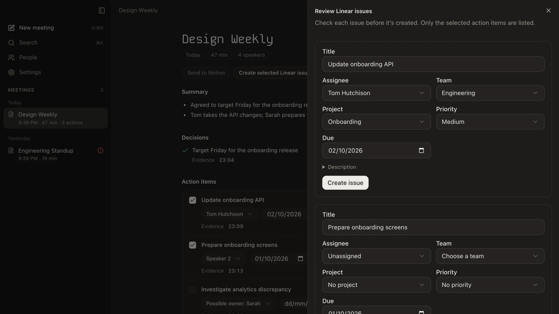 Review Linear issues panel with editable title, assignee, team, project, priority and due date for each selected action item