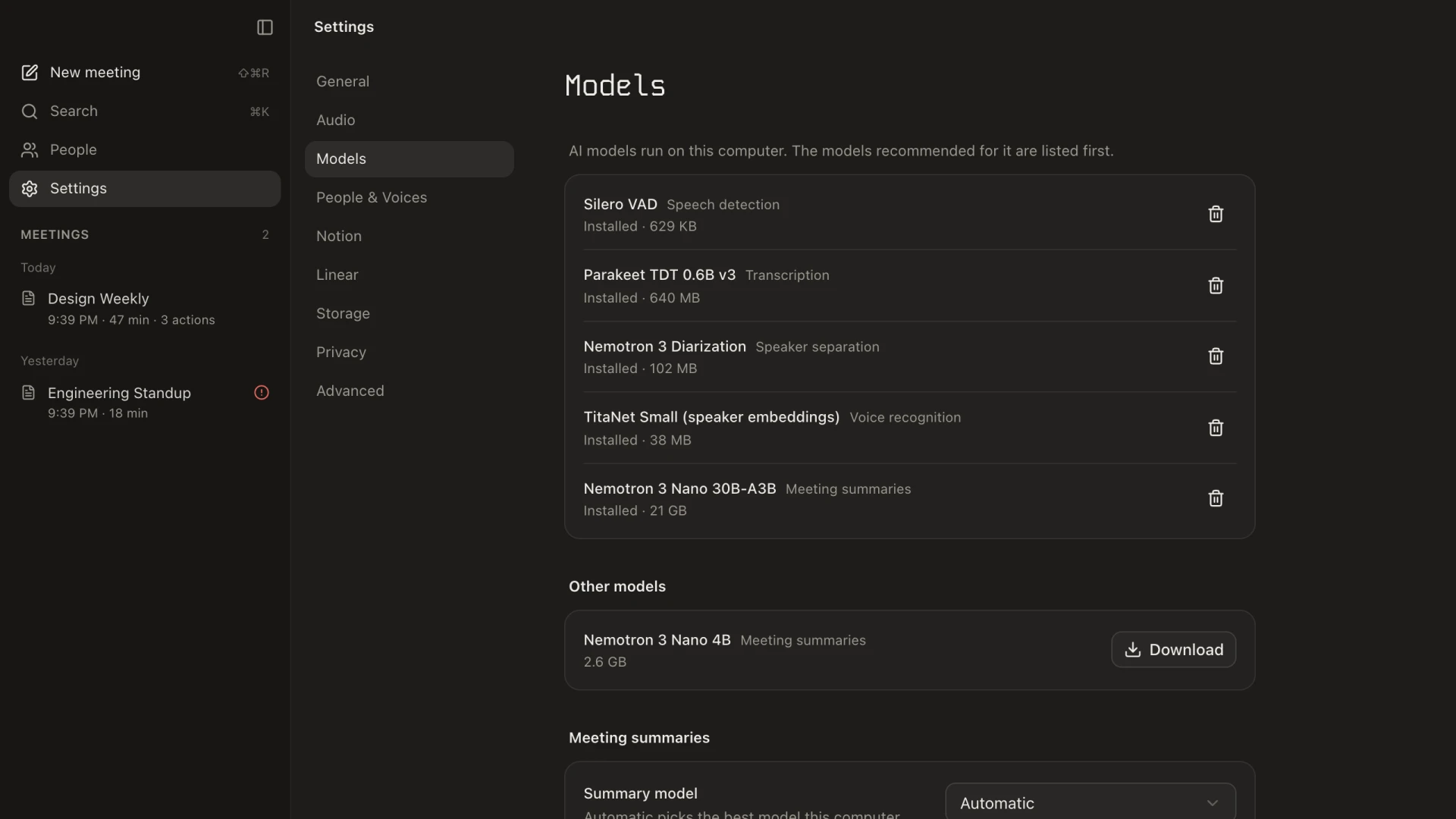 Models settings listing installed Silero VAD, Parakeet, Nemotron 3 Diarization, TitaNet and Nemotron 3 Nano 30B, with the 4B model available to download