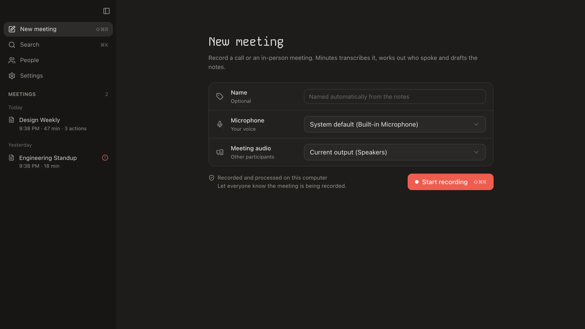 New meeting page with Name, Microphone and Meeting audio rows, a privacy note and a red Start recording button