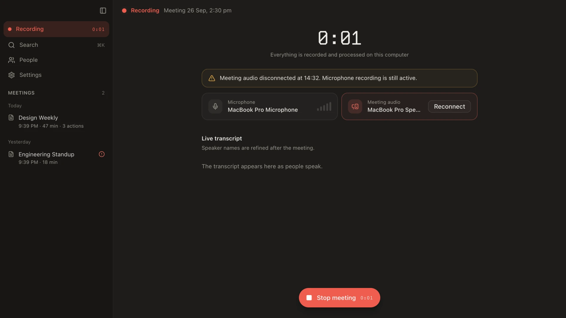 Recording screen with a timer, a warning that meeting audio disconnected while the microphone keeps recording, and a Reconnect button
