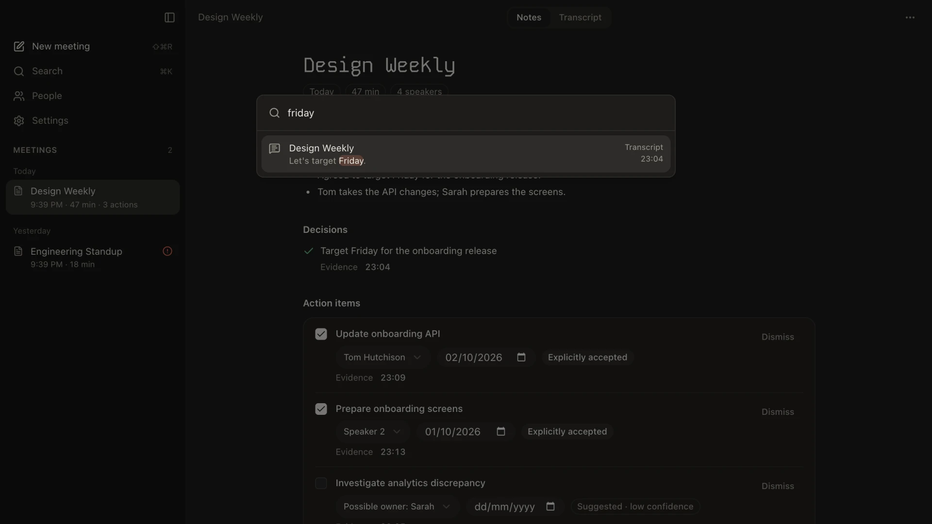Search palette over the notes with the query friday matching a transcript line in Design Weekly at 23:04