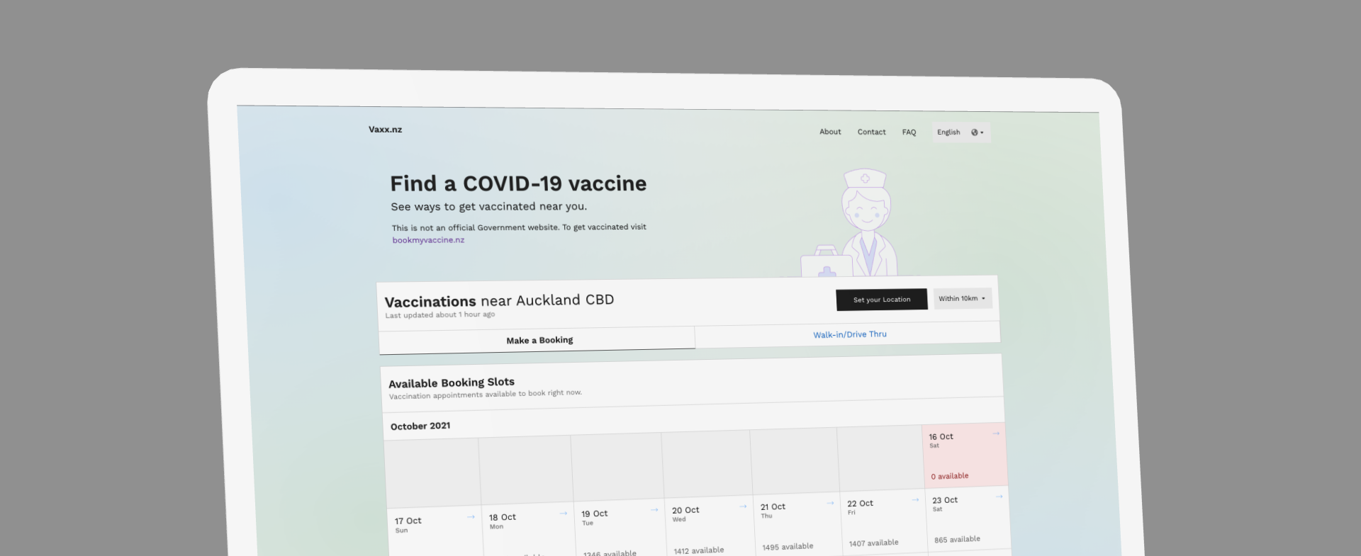 Vaxx.nz homepage showing vaccination finder interface