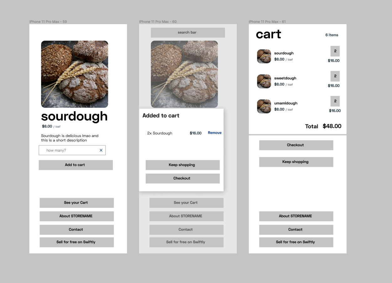 Lo-fi wireframes showing initial storefront layout explorations