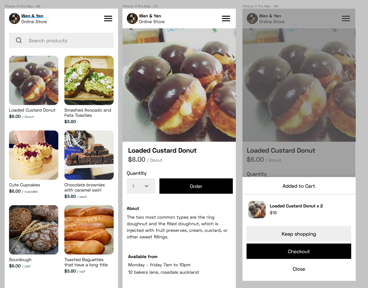 High fidelity designs showing product listing and cart