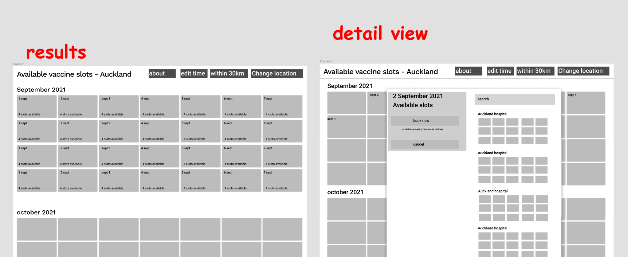 Vaxx wireframes showing calendar approach